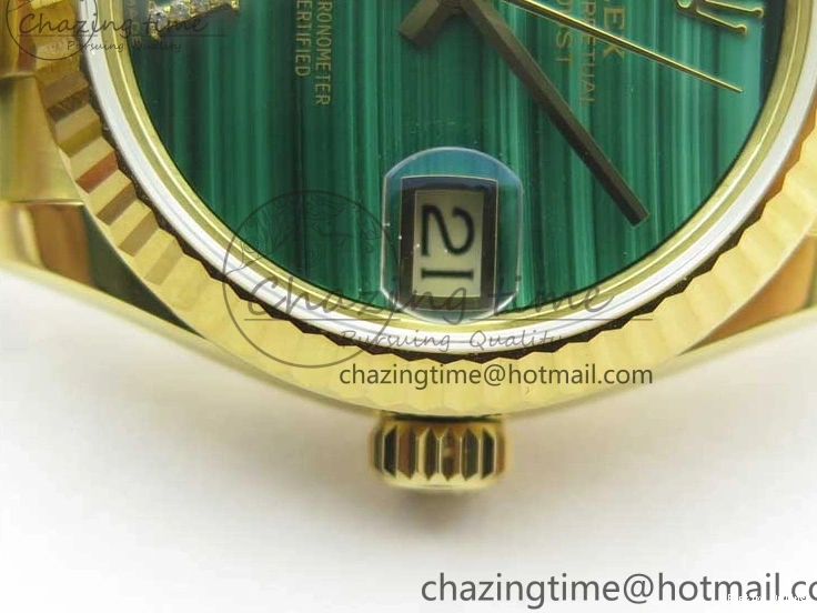 0516 Daydate 278288 31mm YG EWF Best Edition Green Malachite Dial on YG President Bracelet ETA SunProtective 2605
